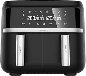 Freidora dietética que permite cocinar con una sola cucharada de aceite, consiguiendo unos resultados más sanos.,Cubeta de 9 L de capacidad para poder cocinar grandes cantidades de alimentos. 2850 W de potencia para cocinar de manera rápida todos los platos. Resultados excepcionales en todas las recetas gracias a la tecnología PerfectCook de aire caliente que circula por el interior y sale por los orificios traseros.,Diseño moderno y compacto con un panel de control táctil multifunción para controlar el funcionamiento.,6 modos preconfigurados que establecen el tiempo y la temperatura necesarios para cocinar distintos tipos de alimentos. Dispone de termostato para regular la temperatura desde 80 ºC hasta 200 ºC. Tiempo ajustable de 0 a 60 minutos. Con temperatura dual en cada uno de los cestillos.,Con protección contra sobrecaliento. Luz indicadora de funcionamiento. Base antideslizante para favorecer su apoyo durante el funcionamiento. La longitud del cable de alimentación expuesto es de 75 cm.