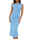 Wenrine Womens One Shoulder Midi Dress Elegant Bodycon Sleeveless Knit Ruched Slit Cocktail Party Formal Dresses