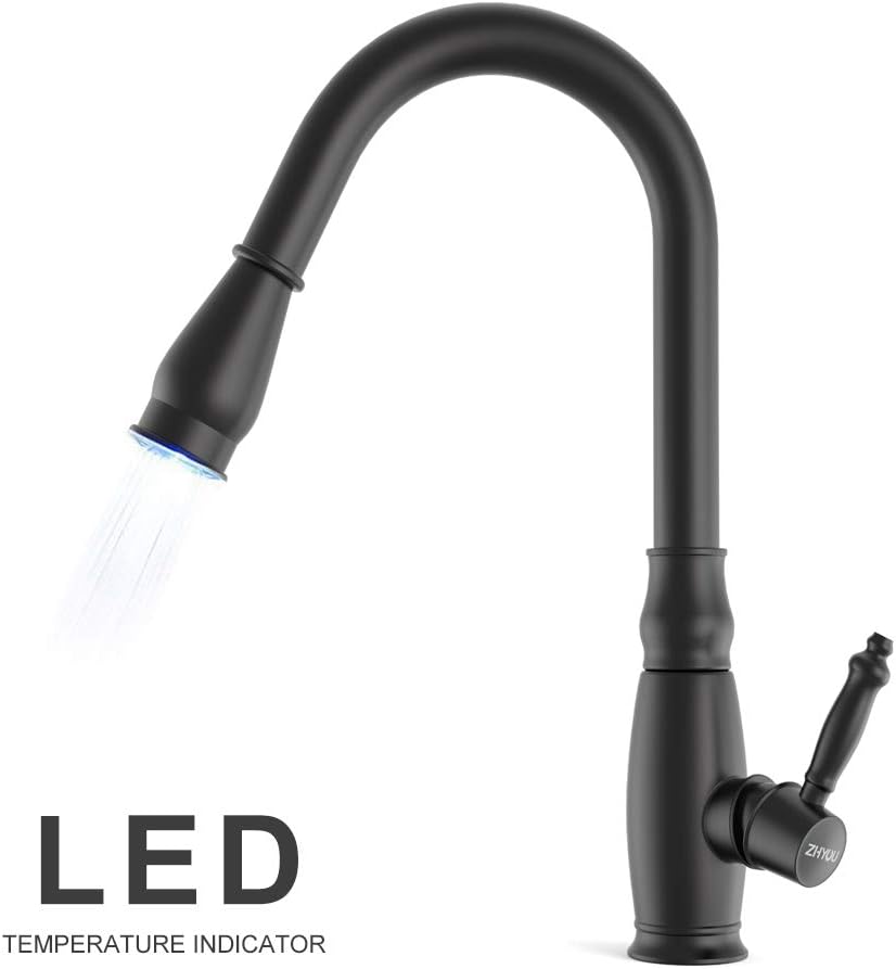 Black Kitchen Faucet with Pull Down Sprayer and Led Indicator Light to