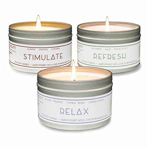 Gold Wave Goods Scented Candles – Relax (Blood Orange/Sandalwood), Refresh (Eucalyptus), Stimulate (Jasmine) – Natural Soy Wax Aromatherapy 8 oz Candles, 3-Pack, Made in USA