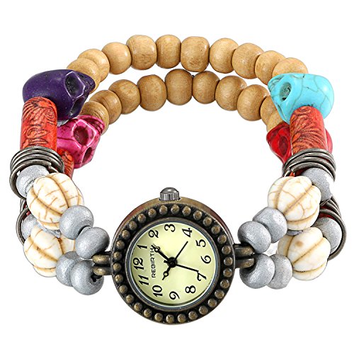 JewelryWe Women Retro Skull Wooden Beads Bracelet Watches Easy Reader Dial Wristwatch Gifts (Red)
