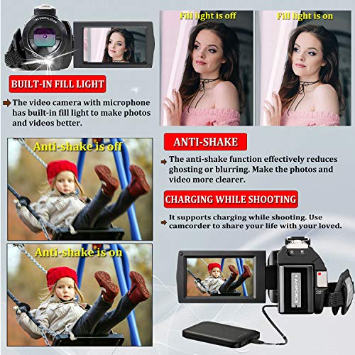 Video Camera Camcorder KENUO Full HD 1080P 30FPS 24MP Vlogging Digital Camera With Lens Hood 3.0 Inch Screen 16X Digital Zoom Camcorder Recorder YouTube Webcam For Live Streaming Camera with Microphon