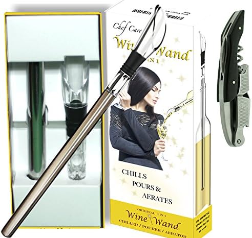 Wine Gift Bundle - Wine Wand &amp; Wine Key by Chef Caron - Chiller, Pourer, Aerator and Corkscrew with Foil Cutter - Everything You Need to Open and Serve Your Wine