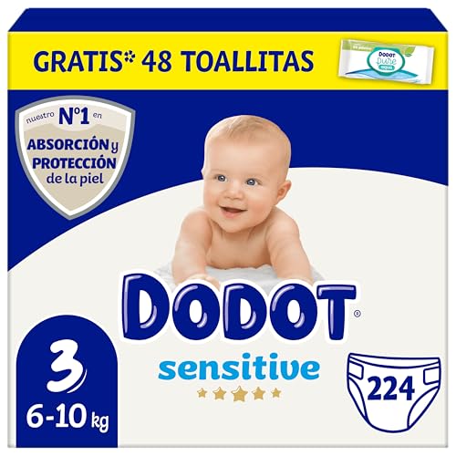 Sensitive Babywindeln, Größe 3 (6-10 kg), 224 Windeln + 40 Feuchttücher (4 x 10), aquafarben, kunststofffrei, optimaler Hautschutz Dodot , Pack Mensual