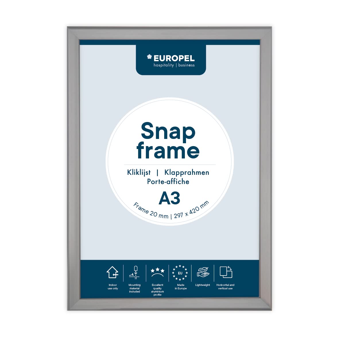 EUROPEL Snap Frame A3, 20 mm Aluminium Anodised Construction And Anti-Glare Cover Clip Poster Holders for Retail And Advertising Displays Notice Sign Board Frame for Walls