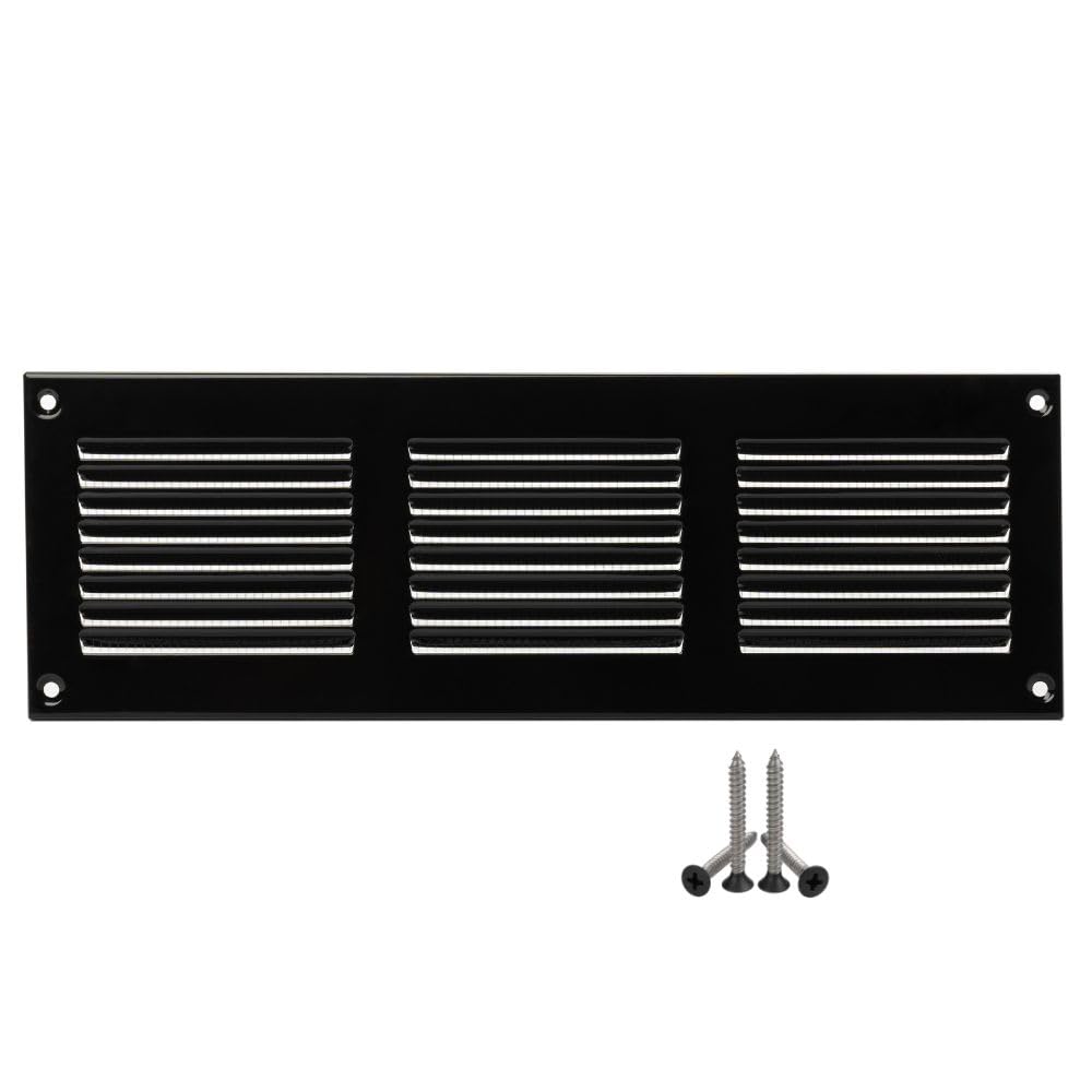 300x100mm / 12x4 inch Black Metal Ventilation Grille - Air Vent Cover with Insect Mesh
