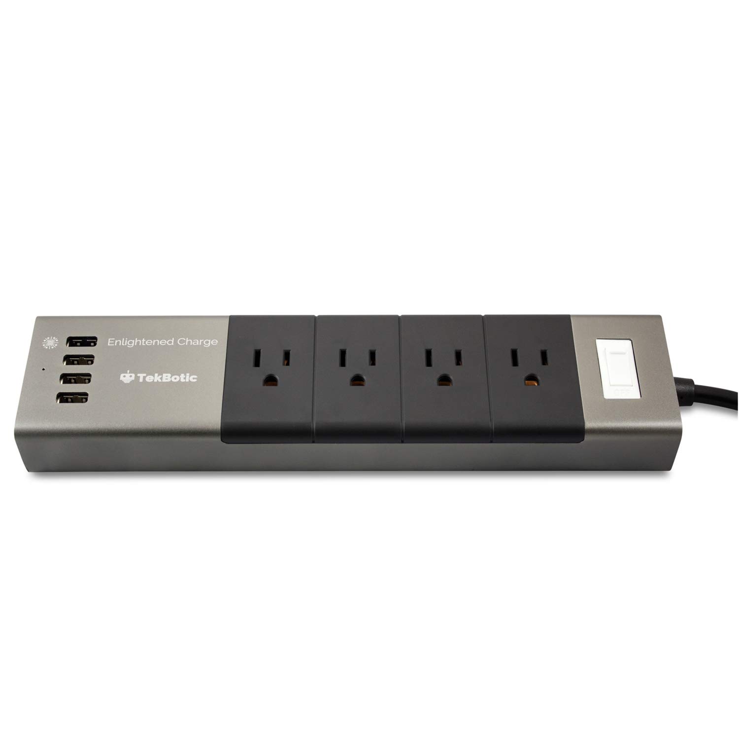 tekbotic 4-Outlet Metal Power Strip with USB Charging Station (30W, 4-Ports) - 5 Ft Cord - 1200W Surge Protection (Black / Grey) 