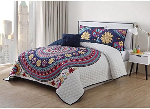 3 Piece Blue Red Geometric Quilt Set Twin, Ivory Purple Medallion Boho Chic Style Floral Flower Pattern Bedding Polka Dot Circle Theme Modern Sleek Trendy Ikat Jacquard Flowers Reversible, Polyester