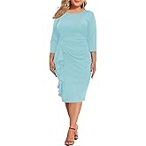 Plus Size Dresses for Curvy Women 3/4 Sleeve Bodycon Fit Ruffle Midi Pencil Dress