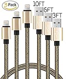 Lightning to USB Cable, 3Pack 3FT 6FT 10FT Nylon Braided iPhone Charging Cord iPad Charger for Apple iPhone SE/6/6S/Plus/5S/5/iPad Mini/Air/Pro/iPod, Compatible with iOS9 (Gold / Black)