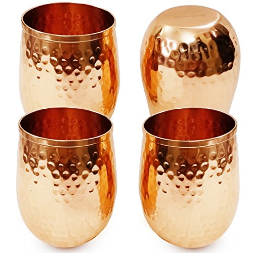 Copper wine glasses set of 4 â€“ 16oz gleaming 100% solid hammered copper stemless wine tumbler â€“ a perfect gift set for men and women â€“ great cups for red or white wine and Moscow mules.