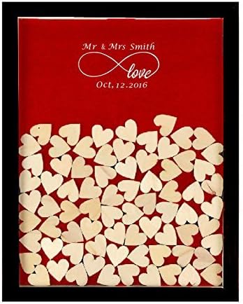Personalized Guestbook Alternative Idea Engraved Infinity Love Rustic Drop Top Wooden Frame Wedding Guest Book With 120 Small Wood Hearts (Black &amp; Pearl Red).