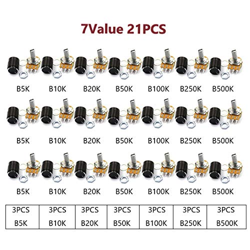 DaFuRui 21Pcs[7 Values x 3pcs] B5K B10K B20K B50K B100K B250K B500K Ohm 3 Terminals Knurled Shaft Linear Rotary Taper Potentiometer with Black Knob Kit