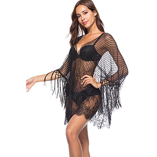 Women Bikini Swimwear Cover Up Lace Floral Mesh Hollow Sleeveless Bathing Suit Beachwear Swimsuit Dress Sale (L, White)