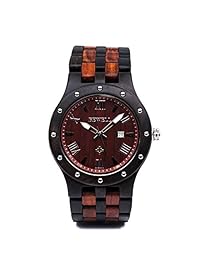 Bewell - Reloj de pulsera para hombre, de madera, hecho a mano, con fecha, analógico, de cuarzo, luminoso