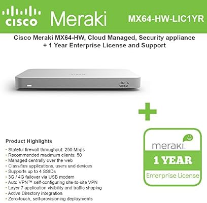 Cisco Meraki Mx64 Small Branch Security Appliance Bundle 200mbps Fw 5xgbe Ports Includes 1 Year Enterprise License Amazon Sg Electronics