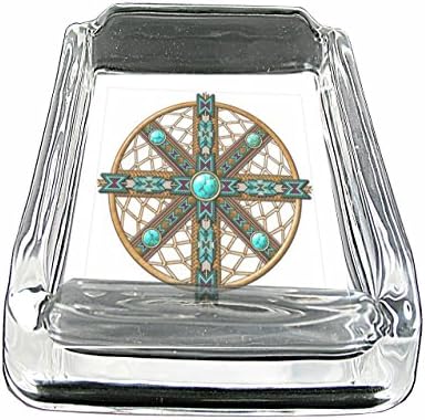 Mandala Cross Design Have Fun Gifts Glass Square Ashtray for outdoor With Four Places To Drop Your Cigarette-Thick And Transparent Glass Tray Indian Hippie Pchedelic Gift Gifts for men and women