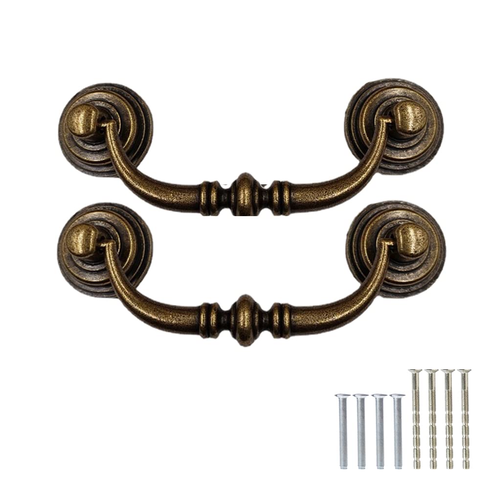 2 Pack Brass Vintage Cabinet Handle, 125mm Drawer Pull Handle Swing Rings Vintage Antique Cupboard Cabinet Knobs Universal Copper Brass Handles