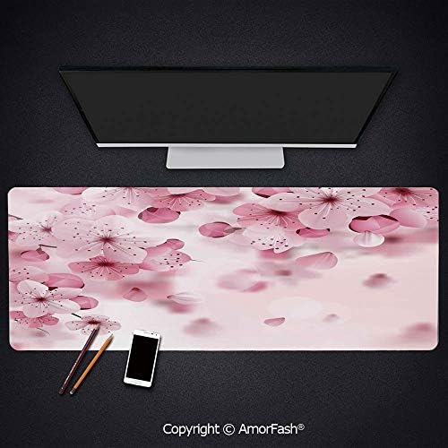 Large Printed Base Mouse pad for Laptop,Computer & PC,Non-Slip Rubber,35.5"x15.8",Floral,Japanese Sakura Flowers Blossoms Eastern Spring Nature Theme Illustration,Light Pink Baby Pink