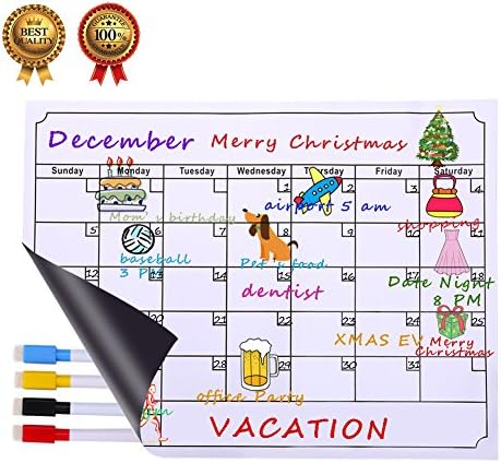 Dry Erase Calendar Board, Albabara Magnetic Calendar Whiteboard Planner for Refrigerator, Reusable Monthly Chalkboard, Weekly Message Calendars With 4 Fine Magnetic Tip Markers
