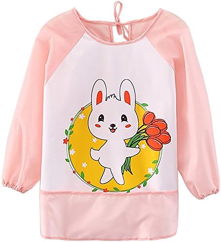 Cute Cartoon Unisex Infant Toddler Baby Waterproof Sleeved Bib, Baby Toddler Smock (6 Months-3 Years) (Pink-rabbit)