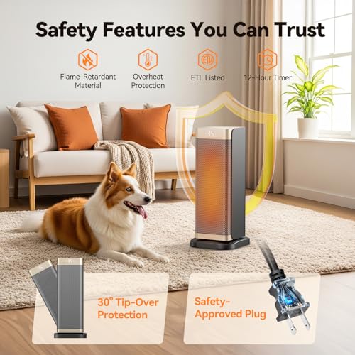 Space Heater for Indoor Use, 1500W PTC Ceramic Fast Heating with Thermostat, 70° Oscillating, 12h Timer, Overheating & Tip-Over Protection, Portable Electric Heater for Bedroom OfficeHome, 16'' Tall