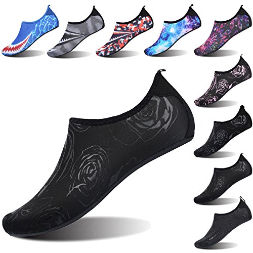 FEETCITY Womens Water Shoes Mens Water Footwear Quick-Dry Water Sports Beach Swim Shoes Flower Black M(W:7.5-8.5,M:6-7)