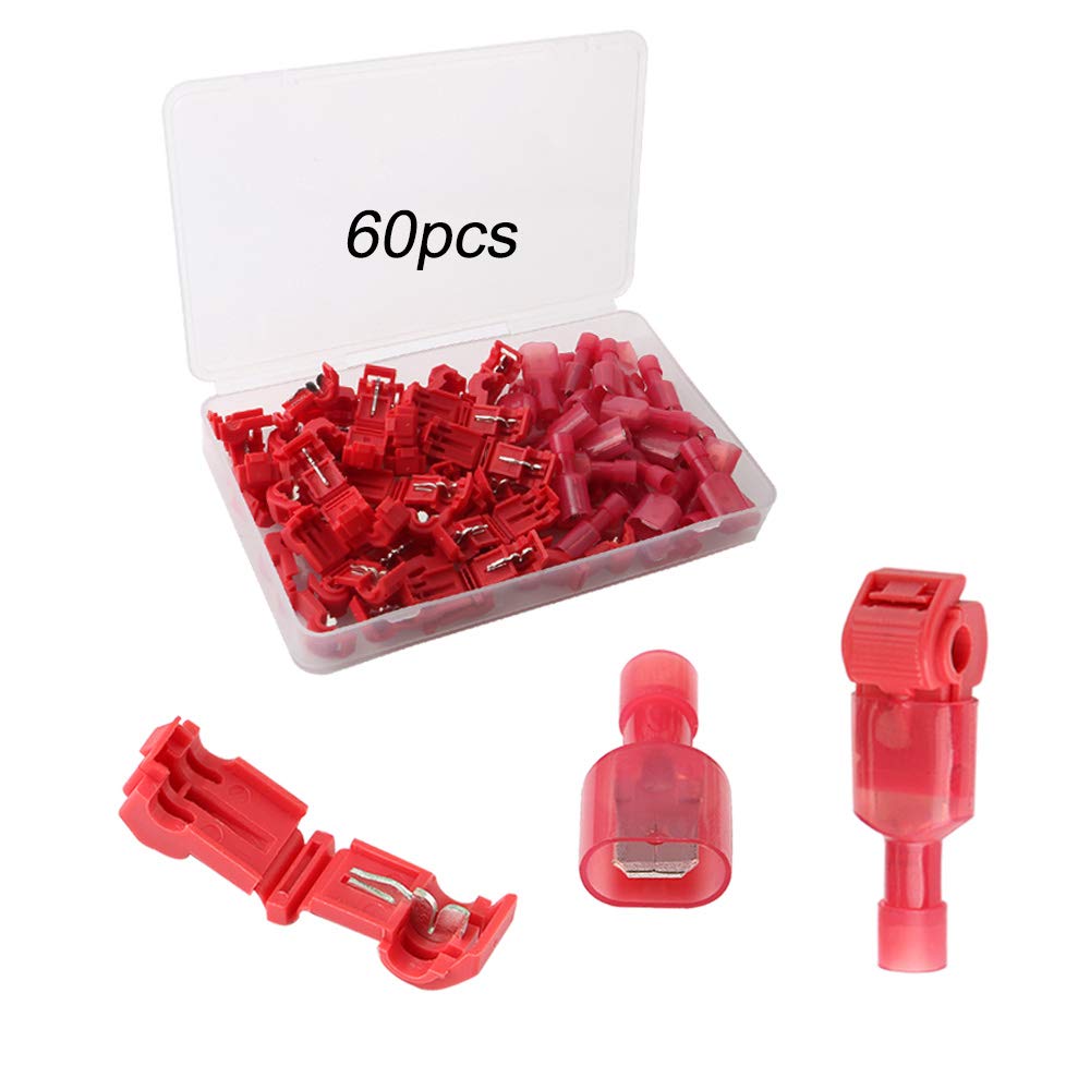 QitinDasen 60Pcs (30 Pairs) Premium T-Tap Wire Terminals Kit, T-Tap Self-Stripping Wire Connectors with Nylon Fully Insulated Male Quick Disconnect (Red)