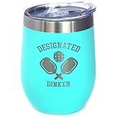 Bevvee Designated Dinker - Wine Tumbler Glass with Sliding Lid - Stainless Steel Insulated Mug - Funny Pickleball Themed Gifts and Decor - Teal
