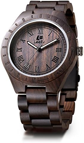 LeeEv EV1001 Mens Natural Black &amp; Zebra Sandal Wood Analog Quartz Light Weight Vintage Wooden Wrist Watch (Black)