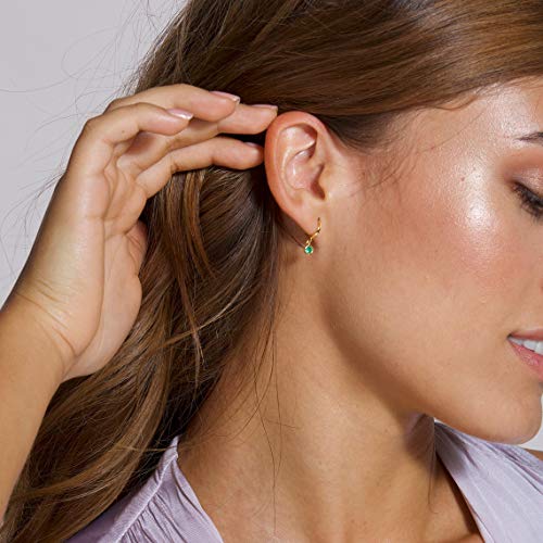 CHESKY 14K Gold Plated Dainty Birthstone Pendent Hoop Earrings Minimalist Dangle Leverback Earrings Crystal Sapphire Turquoise Huggie Hoop Earrings for Women Girls March