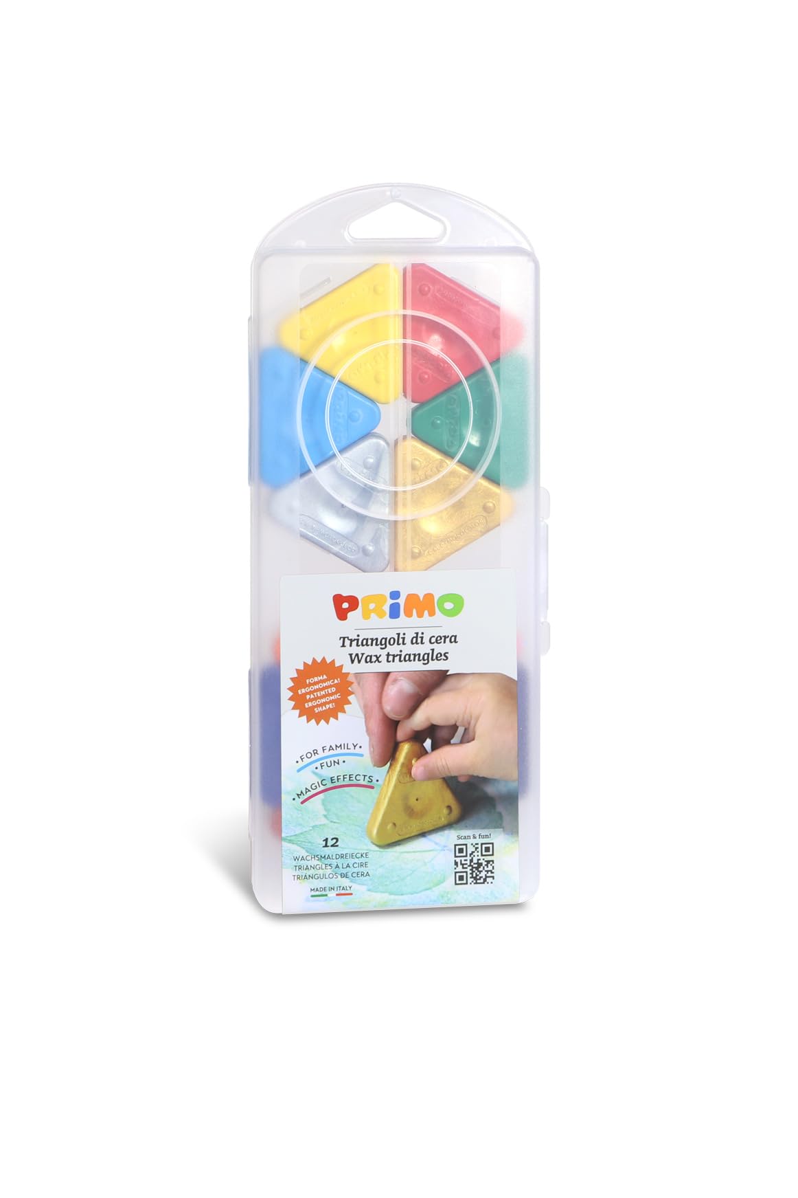 Morocolor PRIMO, wax triangles, 12 colors with gold and silver, triangular wax crayons, easy grip, wax colors, compact and resistant mixture, durable color, Made in Italy