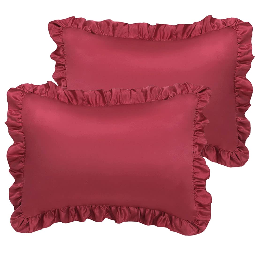 sourcing map Luxury Satin Oxford Pillowcases, Pair of 2 Burgundy Ruffled Pillow Shams 20 x 30 inch with Envelope Closure, Queen Size Pillow Cases Covers