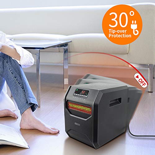 LIFE SMART Quartz Electric Space Heater with Adjustable Thermostat, Large LED Display, Digital Remote Control, 12 Hour Timer, 13.6 x 11.4 x 14.2 inch, Black