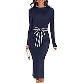 MEROKEETY Women's 2026 Long Sleeve Midi Sweater Dress Fall Winter Spring Mock Neck Contrast Tie Waist Bodycon Knit Dresses