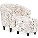 Best Choice Products Modern Contemporary Linen Upholstered Barrel Accent Chair Furniture Set for Home, Living Room w/Arms, Matching Ottoman, Birch Wood Legs - White, French Print Detail