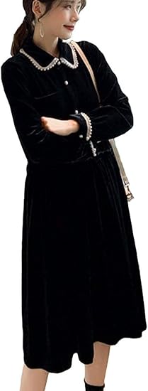 Amazon Huangshan こうさん レディース ワンピース 長袖 ベルベット パール付き ゆったり 着痩せ 黒ワンピース エレガント ファッション カジュアル 大きいサイズ 秋 冬 ワンピース チュニック 通販