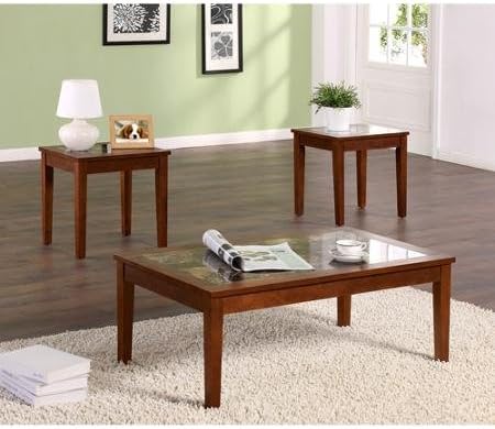 Faux Marble 3 Piece Living Room Furniture Coffee & End Tables Set Value Bundles, Warm Wood Finish, Walnut