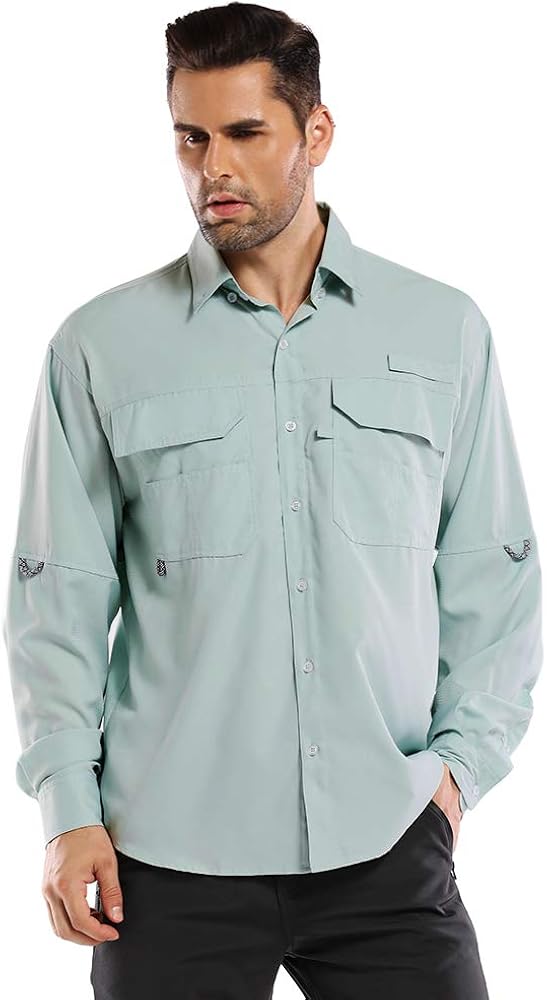 Men's UPF50+ Long Sleeve Shirt, Outdoor Sun Protection Dry Fit Cooling Hiking Fishing Shirts: Clothing