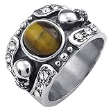 KONOV Mens Tiger Eye Stainless Steel Ring, Gothic Skull, Yellow Silver, Size 11