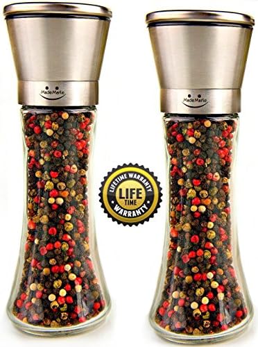 Premium Salt and Pepper Grinder Set of 2 with 5 Grade Precision Ceramic Rotor Manual Pepper Mill and Salt Mill - Brushed Stainless Steel 6 Oz Glass Tall Body - MadeMarle