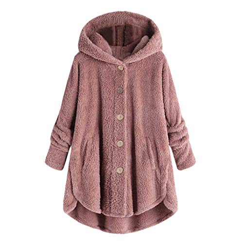 Womens Oversized Hooded Coats Warm Wool Plush Button Cardigan Hoodies Sweaters Pink