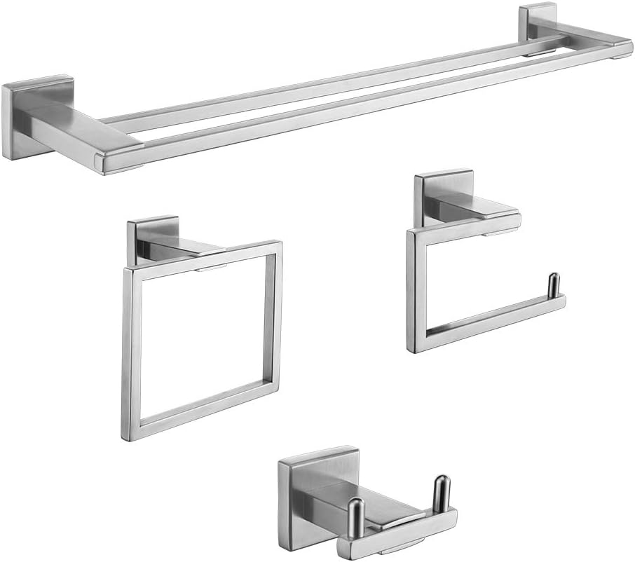 Iriber Bathroom Hardware Double Bath Towel Bar Rack Shelf Caddy Accessory Set,SUS 304 Stainless Steel Towel Holder,Toilet Paper Holder,Robe Hook Brushed Nickel Wall Mounted,4-Piece