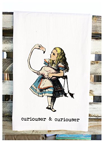 Alice In Wonderland Quote Tea Towel Curiouser & Curiouser Alice & Flamingo