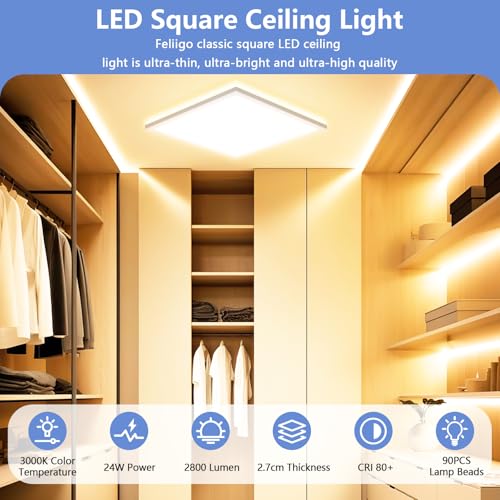 Feliigo LED Ceiling Light, 24 W, 3000 K Ultra Thin Square Ceiling Lamp, 2800 LM Bathroom Ceiling Light, IP44 Waterproof Diameter 30 cm, LED Chandelier for Bedroom, Kitchen, Living Room, Balcony