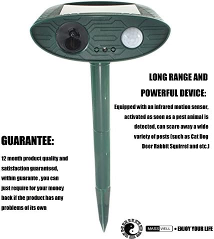 MASSWELL (TM) Outdoor Solar Powered Ultrasonic Animal &amp; Pest Repeller, for Yard Garden Farm Park to Scare Unwanted Animals Away