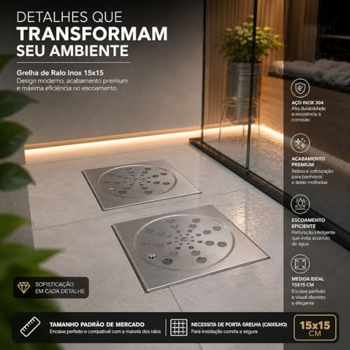 Combo 2 Ralo Tampa Grelha Quadrado 15x15 Válvula Abre E Fecha Em Aço Inox Somente Tampa Banheiro Cozinha Não Enferruja Padrão Universal