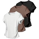 RoseSeek Women's 3 Packs Basic T Shirts Short Sleeve Crewneck Ruched Tops Fitted Casual Summer Top Tees