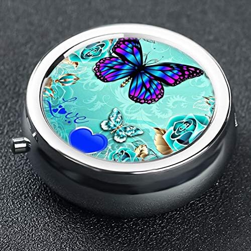 Medicine Box Butterfly Round 3 Compartment Pill Container Metal Pill Box Small Medicine Box Jewelry Earrings Storage Box Vitamin Fish Oil Supplement Travel Outdoor