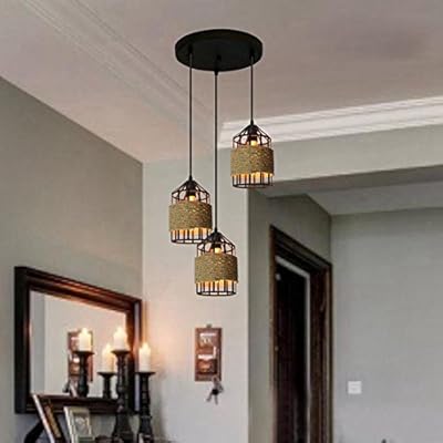 Dmmss Hemp Rope Cage Hanging Lamp Birdcage Pendant Lamp 3 Lights